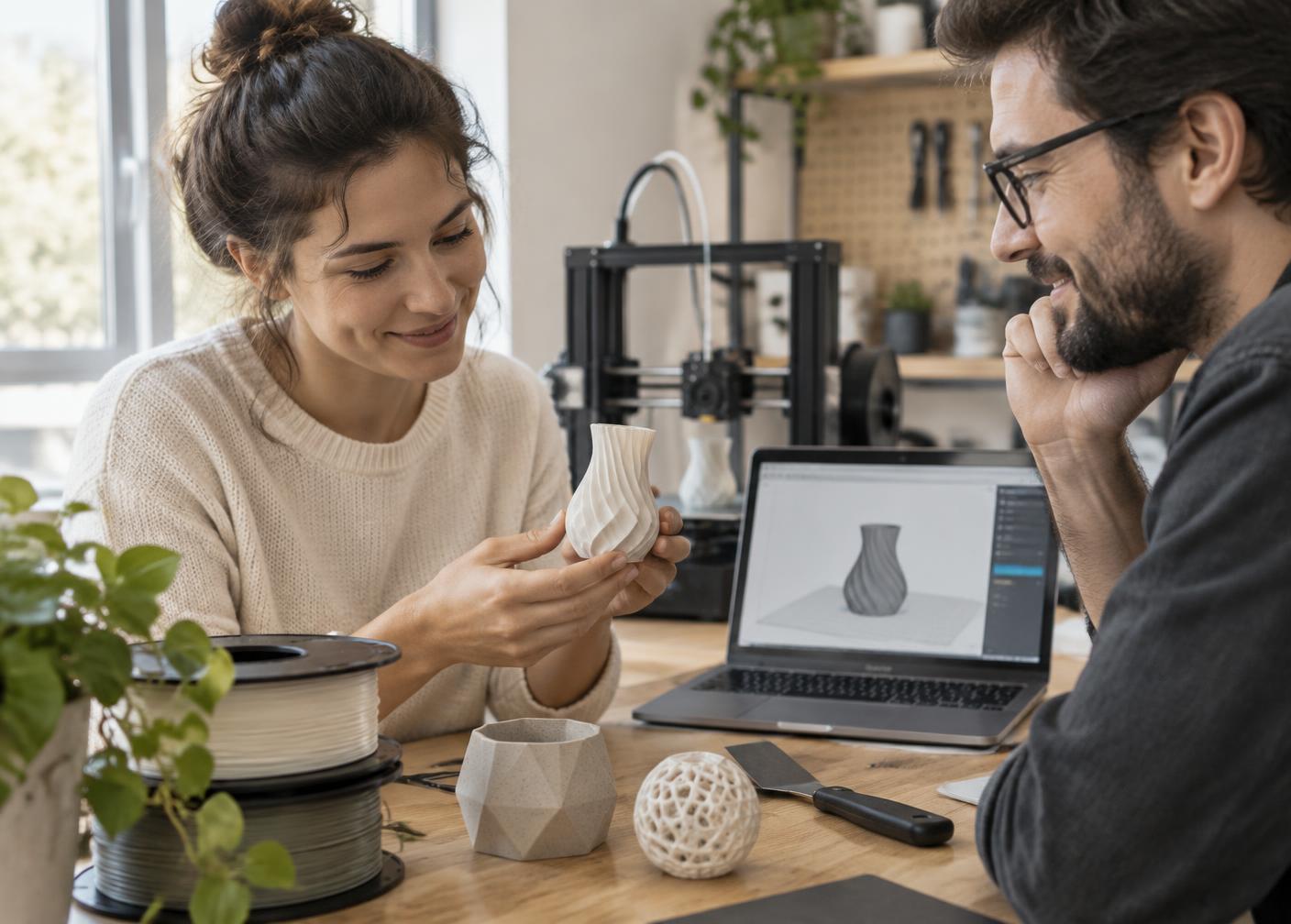 Zwei Personen arbeiten im Workshop mit Slicing-Software und einem gedruckten Objekt