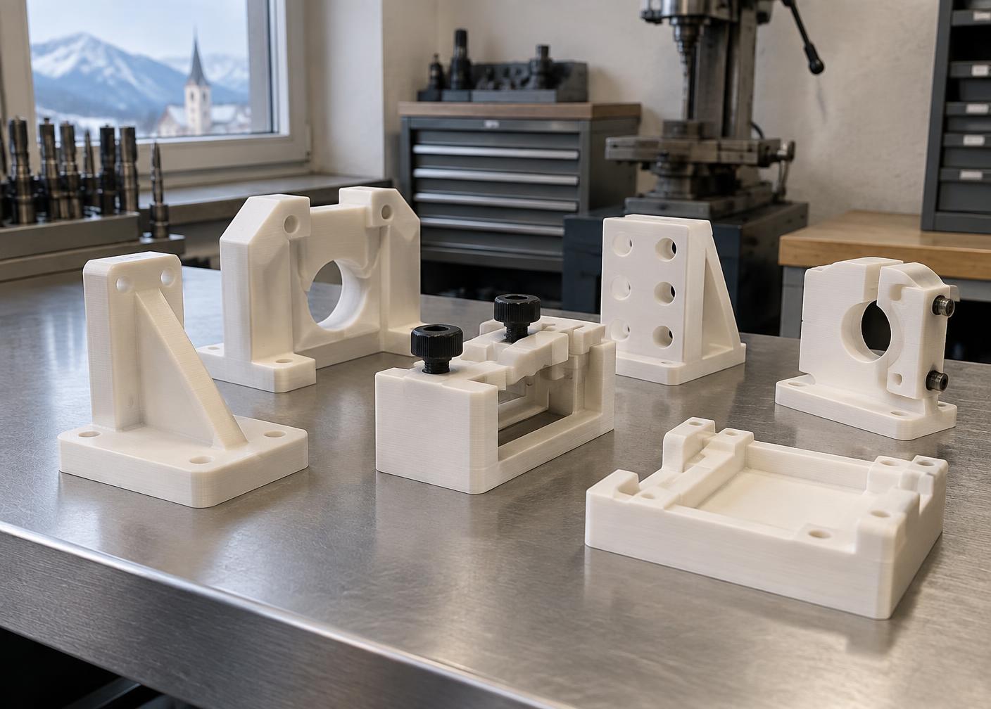 Verschiedene technische 3D-gedruckte Vorrichtungen und Halterungen auf einer Werkbank