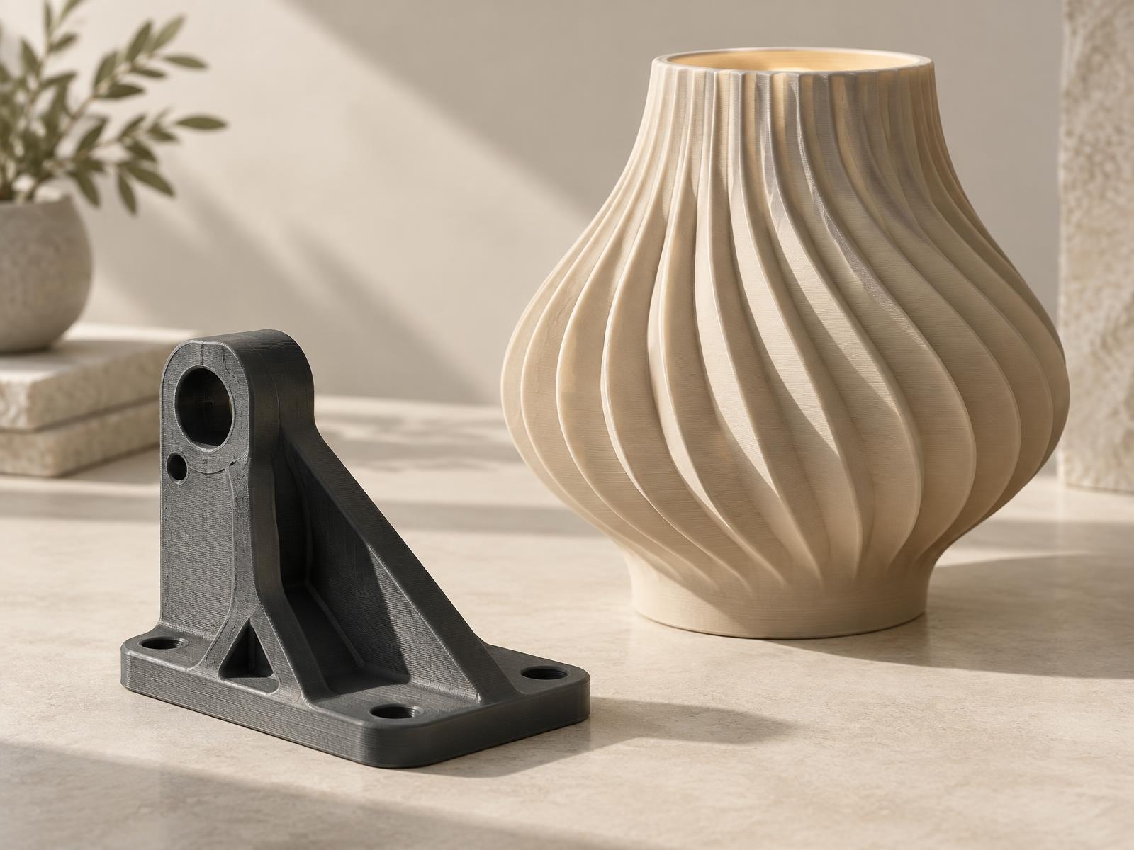 Technisches 3D-gedrucktes Bauteil neben einem gestalteten Interior-Objekt