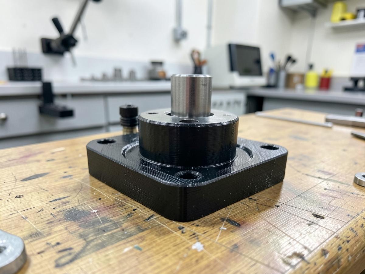 Platzhalterbild: 3D-gedruckte Vorrichtung mit Metallbauteil auf einer Werkbank